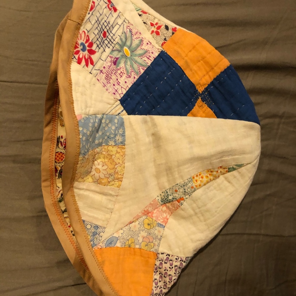 Handmade Patchwork Quilted Bucket Hat in White, Blue & Yellow
